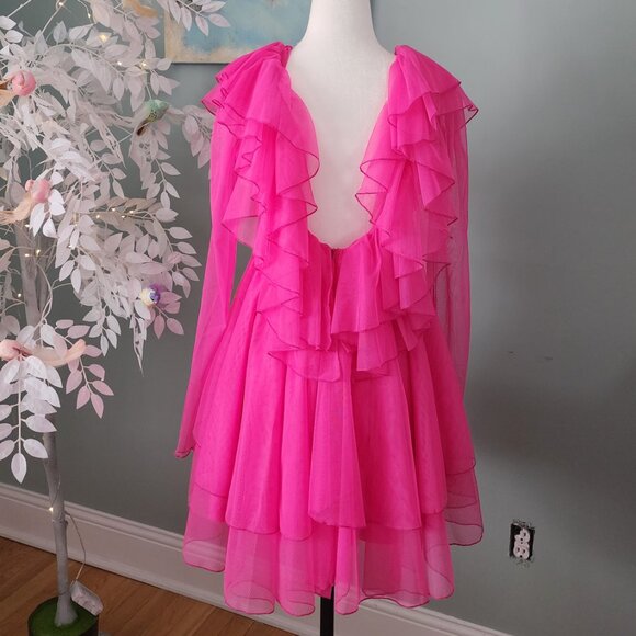 V Neck Ruffle Fuchsia Mini Tulle Dress - Picture 3 of 3
